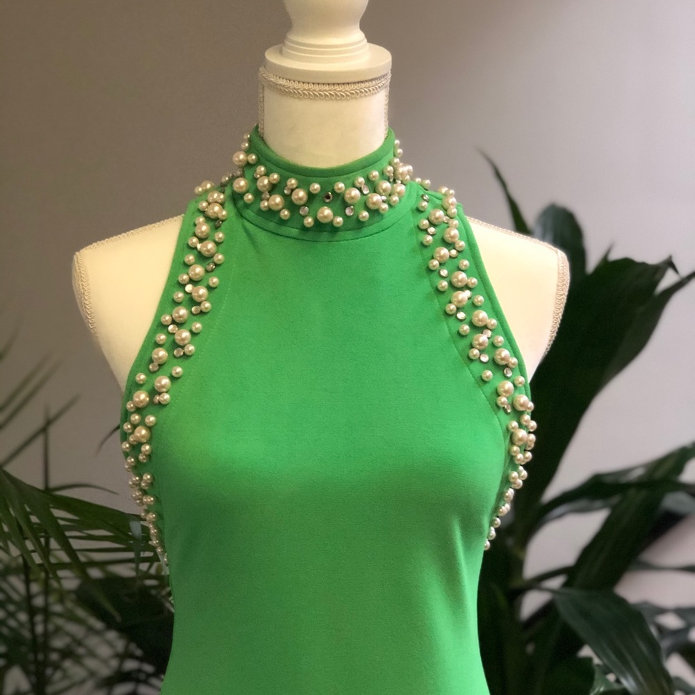 Bold Green Cut Out High Collar Beaded Dress